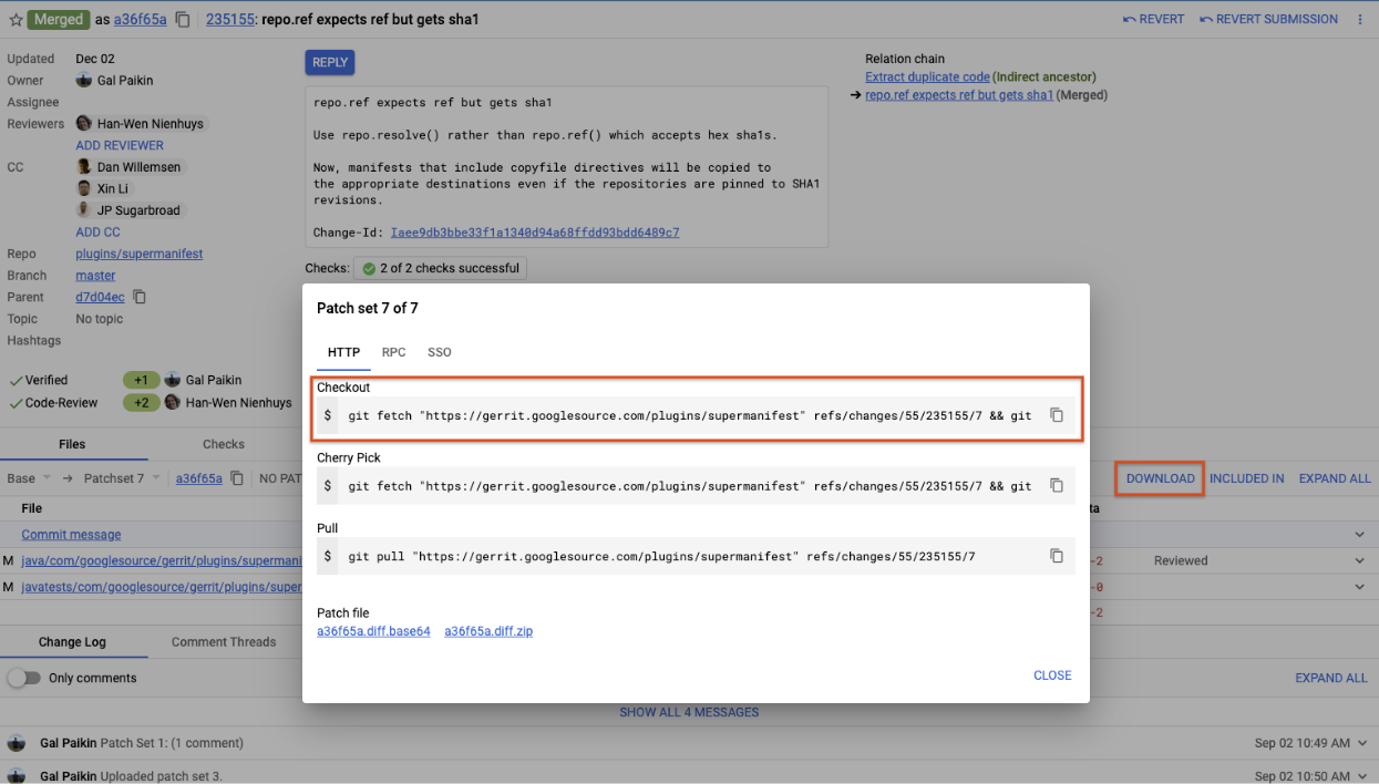 Using the “Download” button to copy a command that checks out a given patchset for a change.