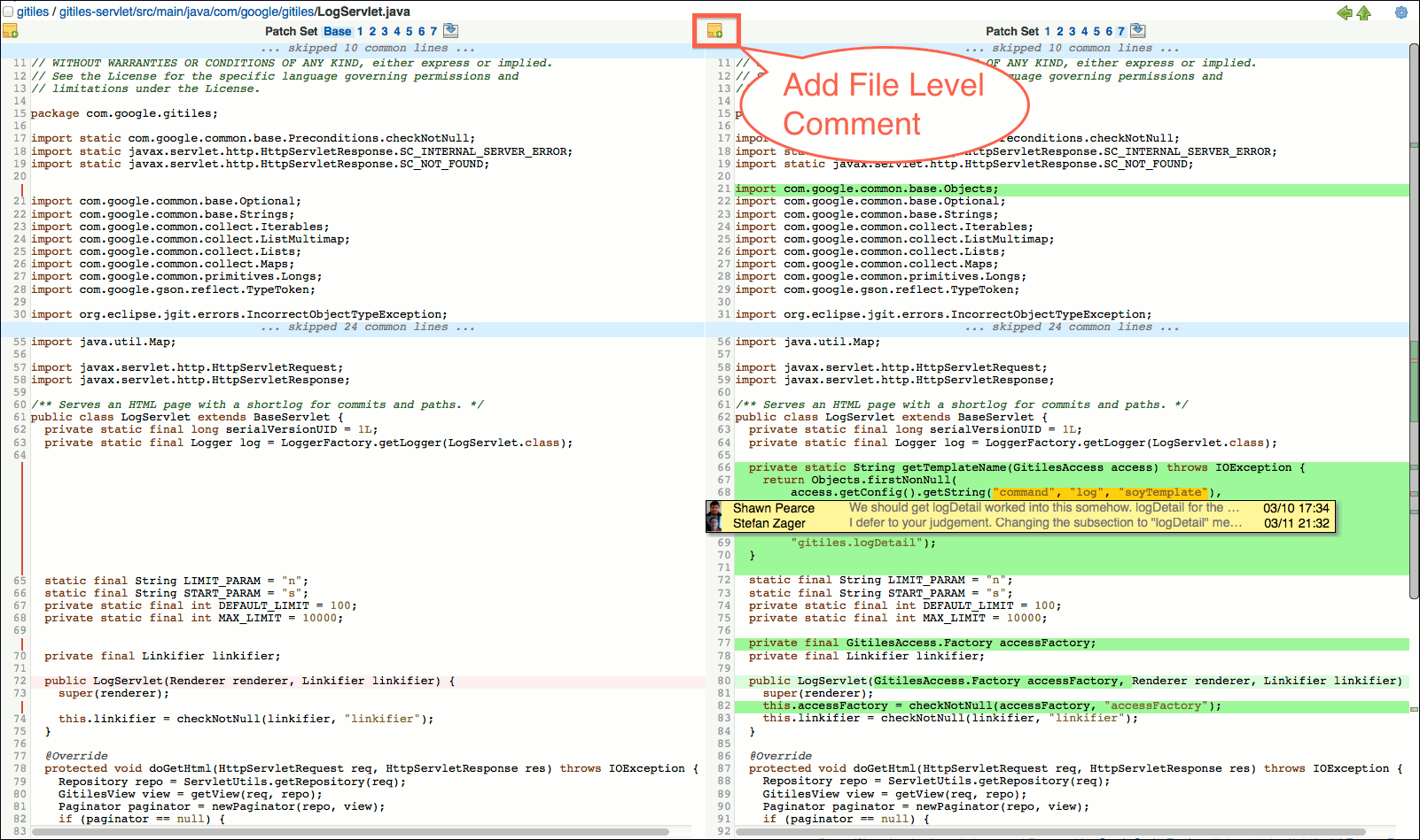 user review ui side by side diff screen file level comment
