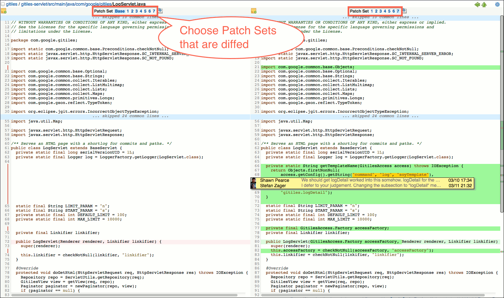 user review ui side by side diff screen patch sets