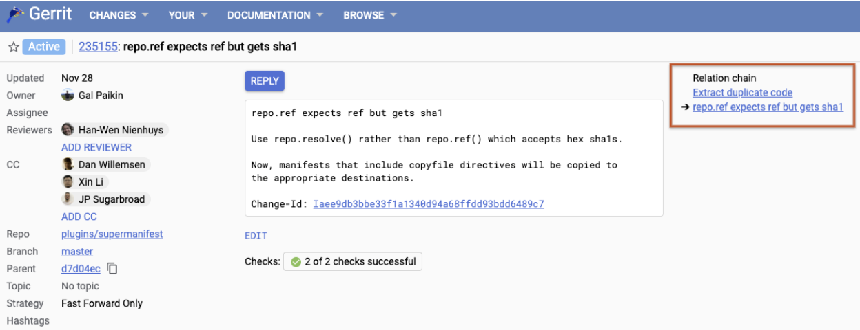 Relation chain display on the change page.