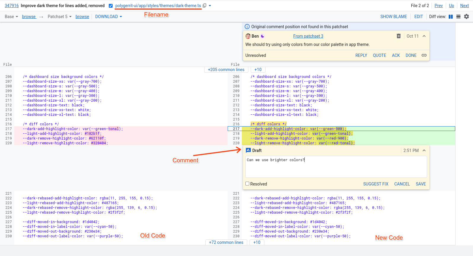 user review ui side by side diff screen