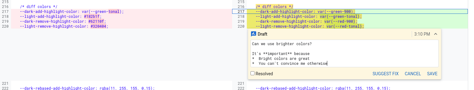 user review ui side by side diff screen inline comments
