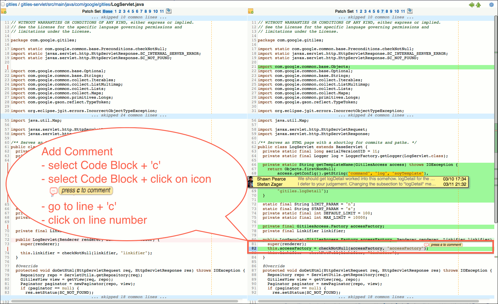 gwt user review ui side by side diff screen comment