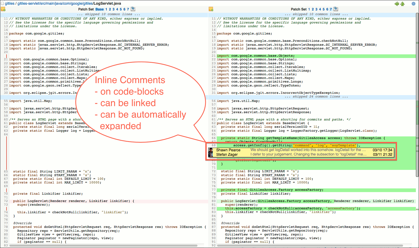 gwt user review ui side by side diff screen inline comments