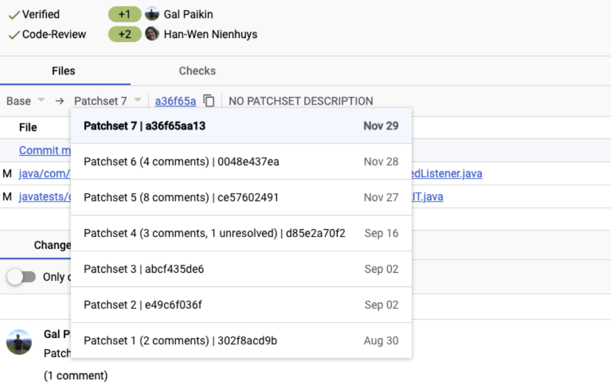 Screenshot of the patchset dropdown above the file list